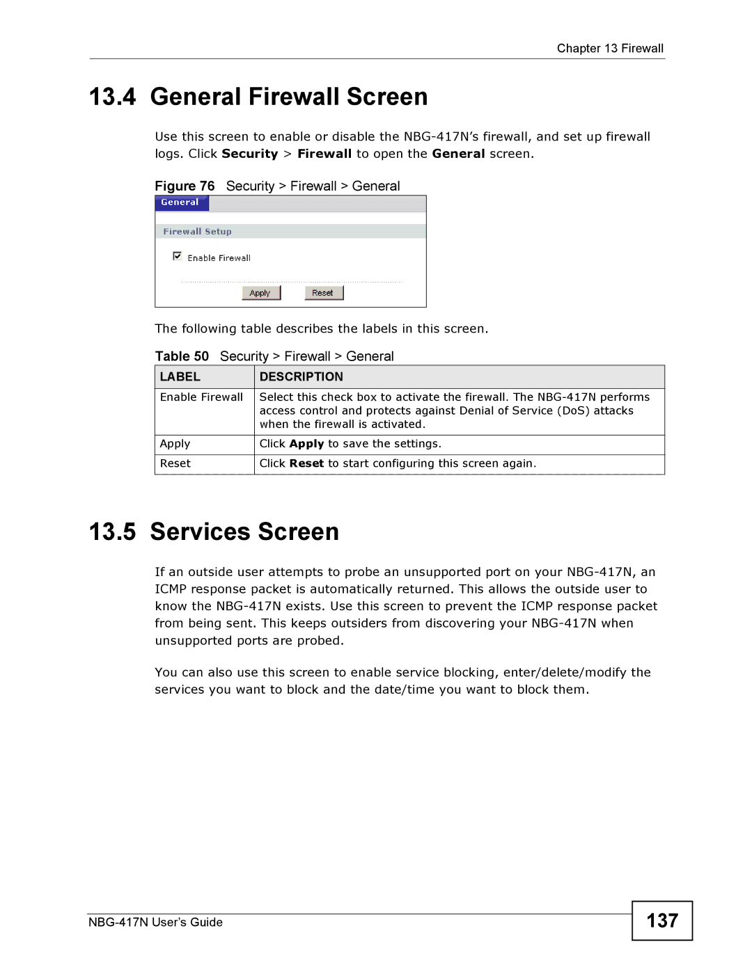 ZyXEL Communications NBG-417N manual General Firewall Screen, Services Screen, 137 