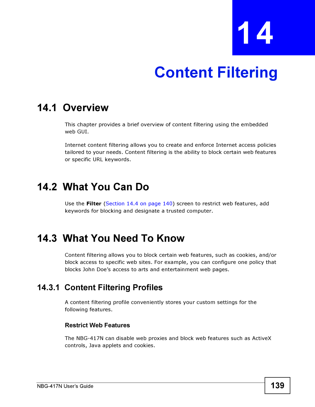 ZyXEL Communications NBG-417N manual Content Filtering Profiles, 139, Restrict Web Features 