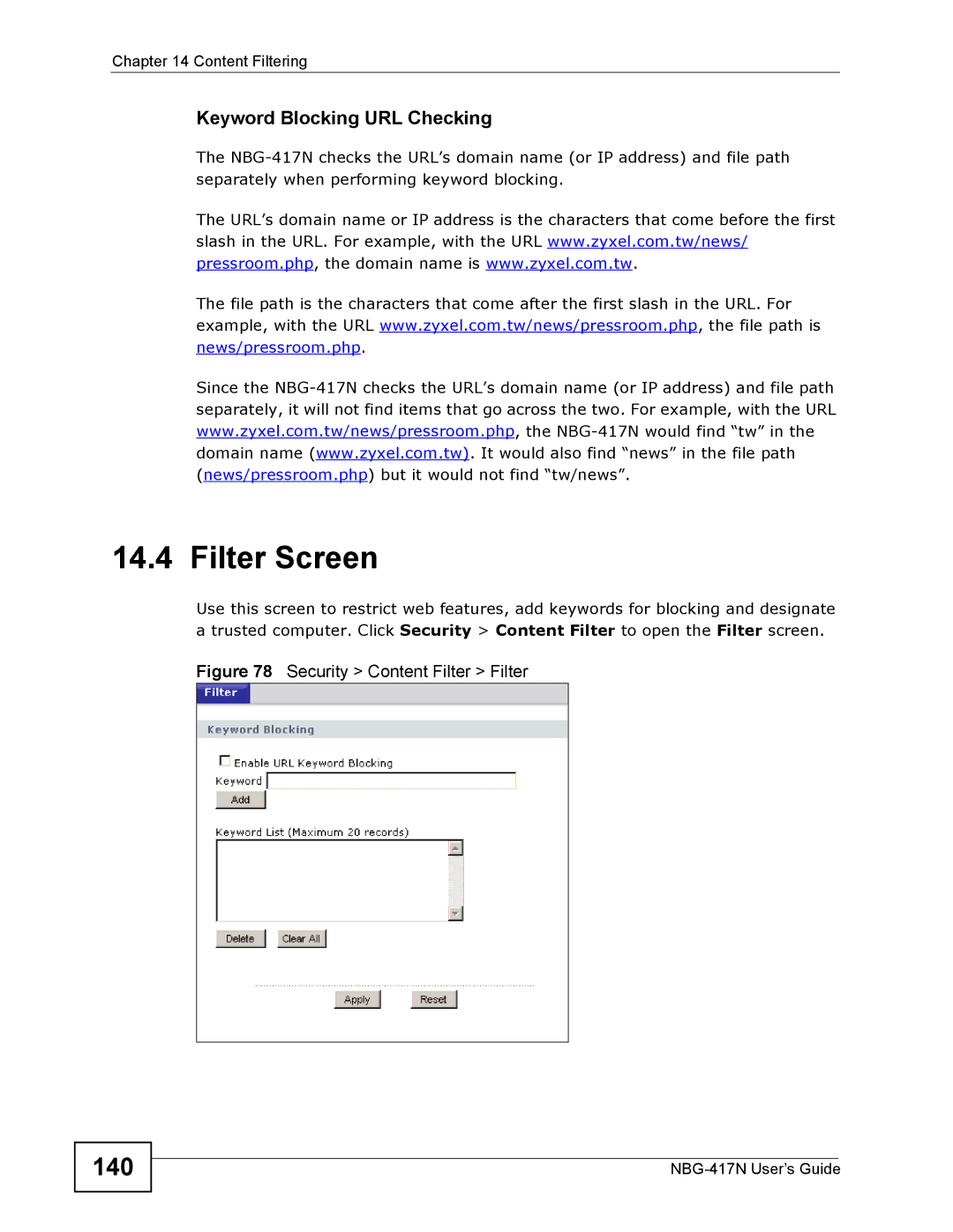 ZyXEL Communications NBG-417N manual Filter Screen, 140, Keyword Blocking URL Checking 
