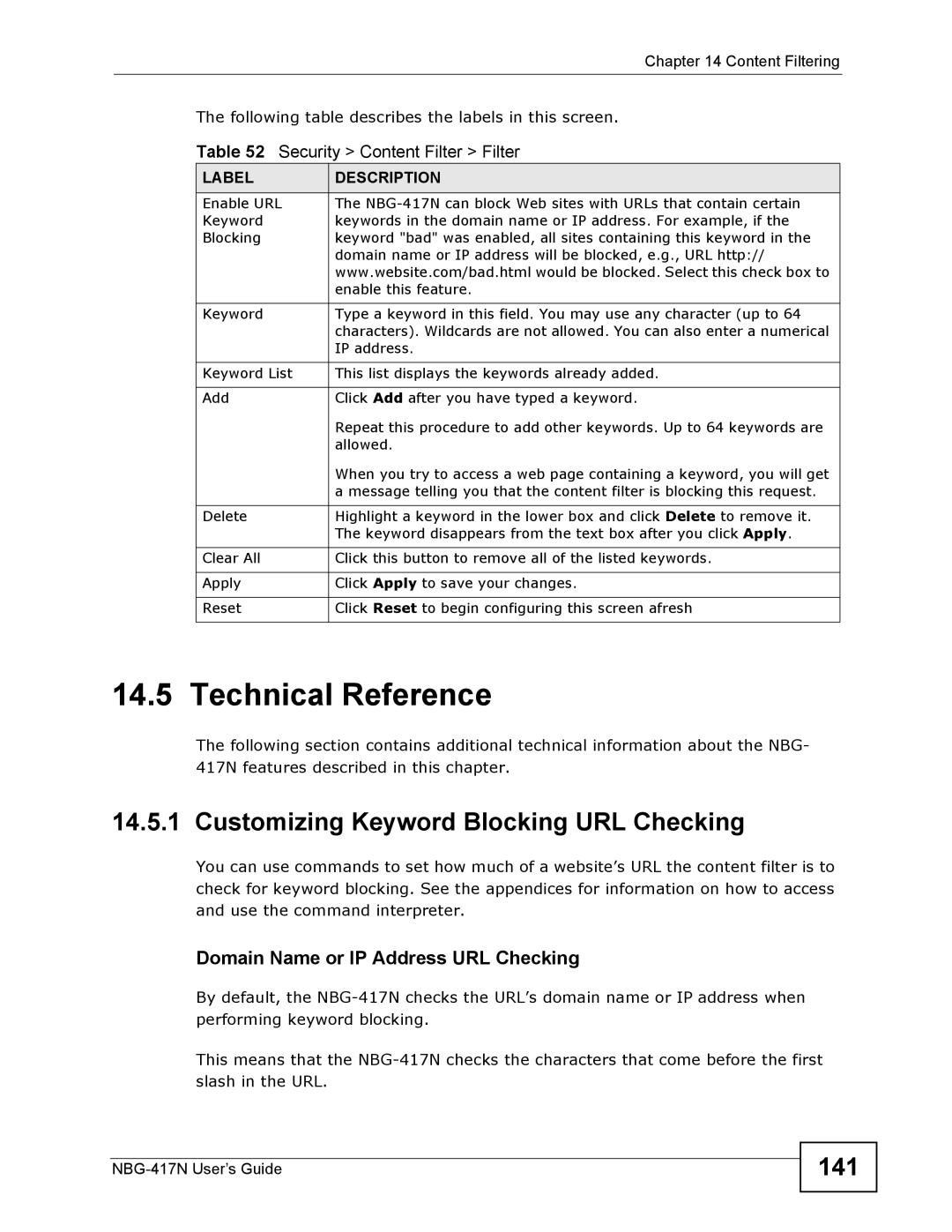 ZyXEL Communications NBG-417N manual Technical Reference, Customizing Keyword Blocking URL Checking, 141 