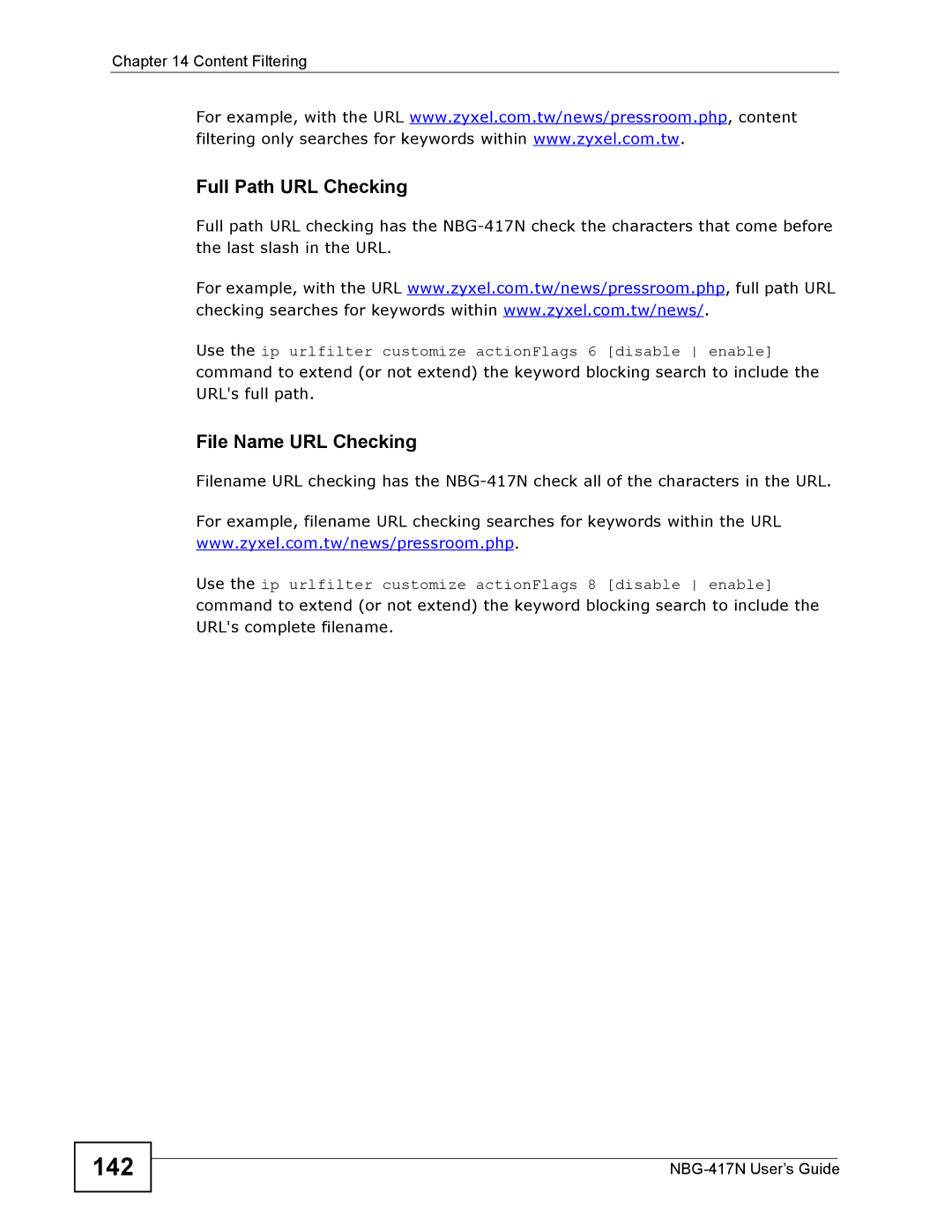 ZyXEL Communications NBG-417N manual 142, Full Path URL Checking, File Name URL Checking 
