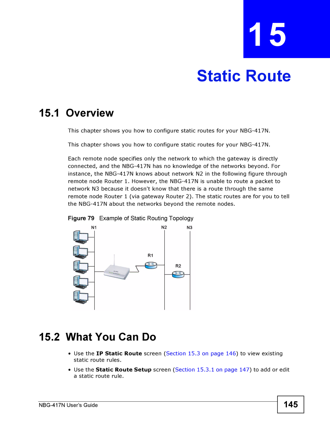 ZyXEL Communications NBG-417N manual Static Route, 145 