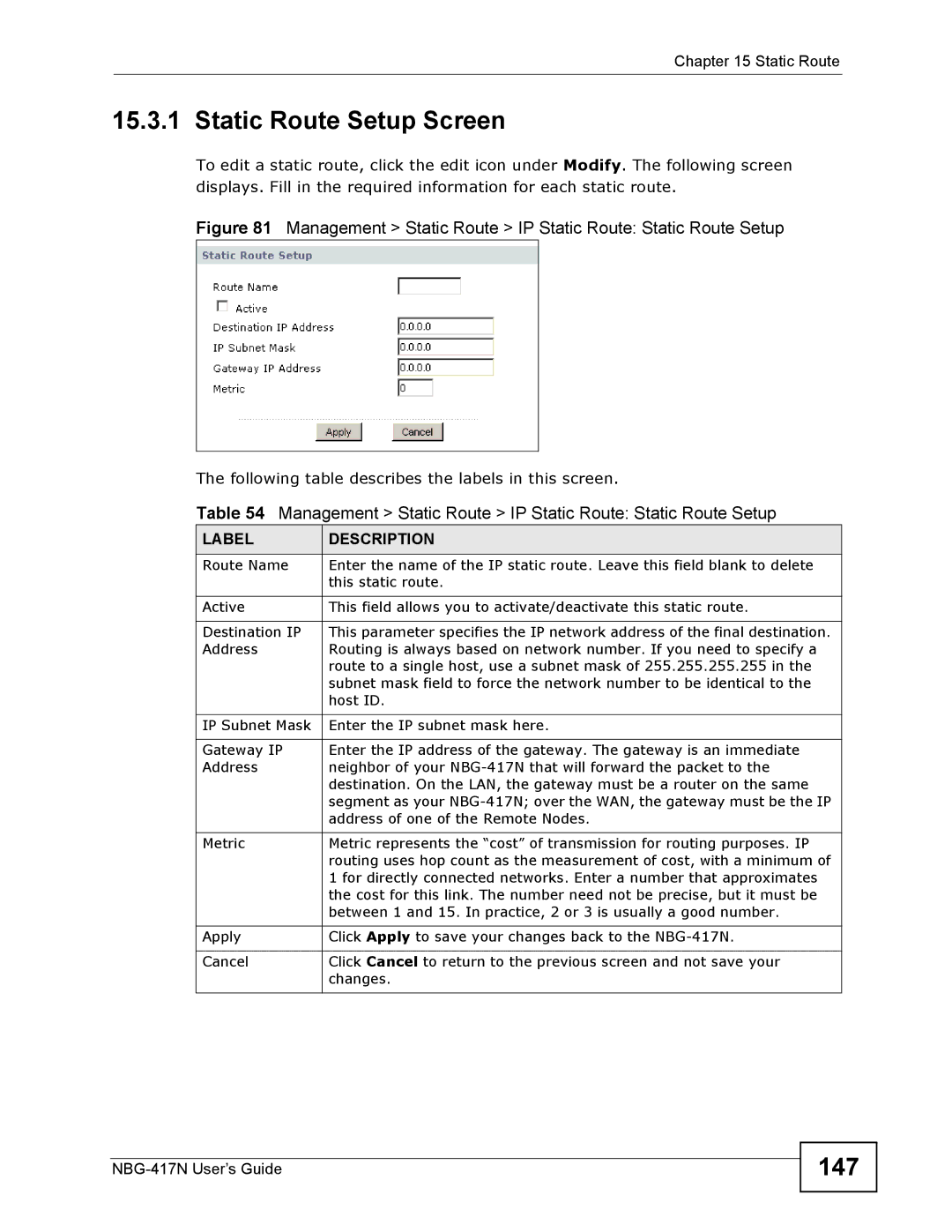 ZyXEL Communications NBG-417N manual Static Route Setup Screen, 147 