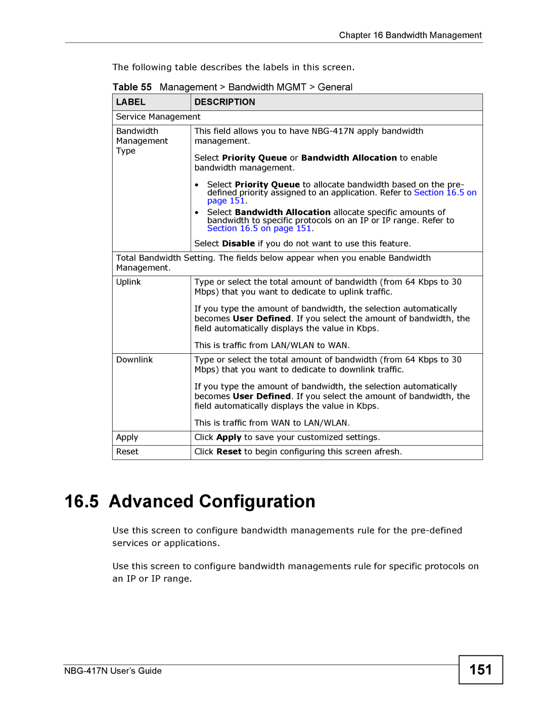 ZyXEL Communications NBG-417N manual Advanced Configuration, 151 