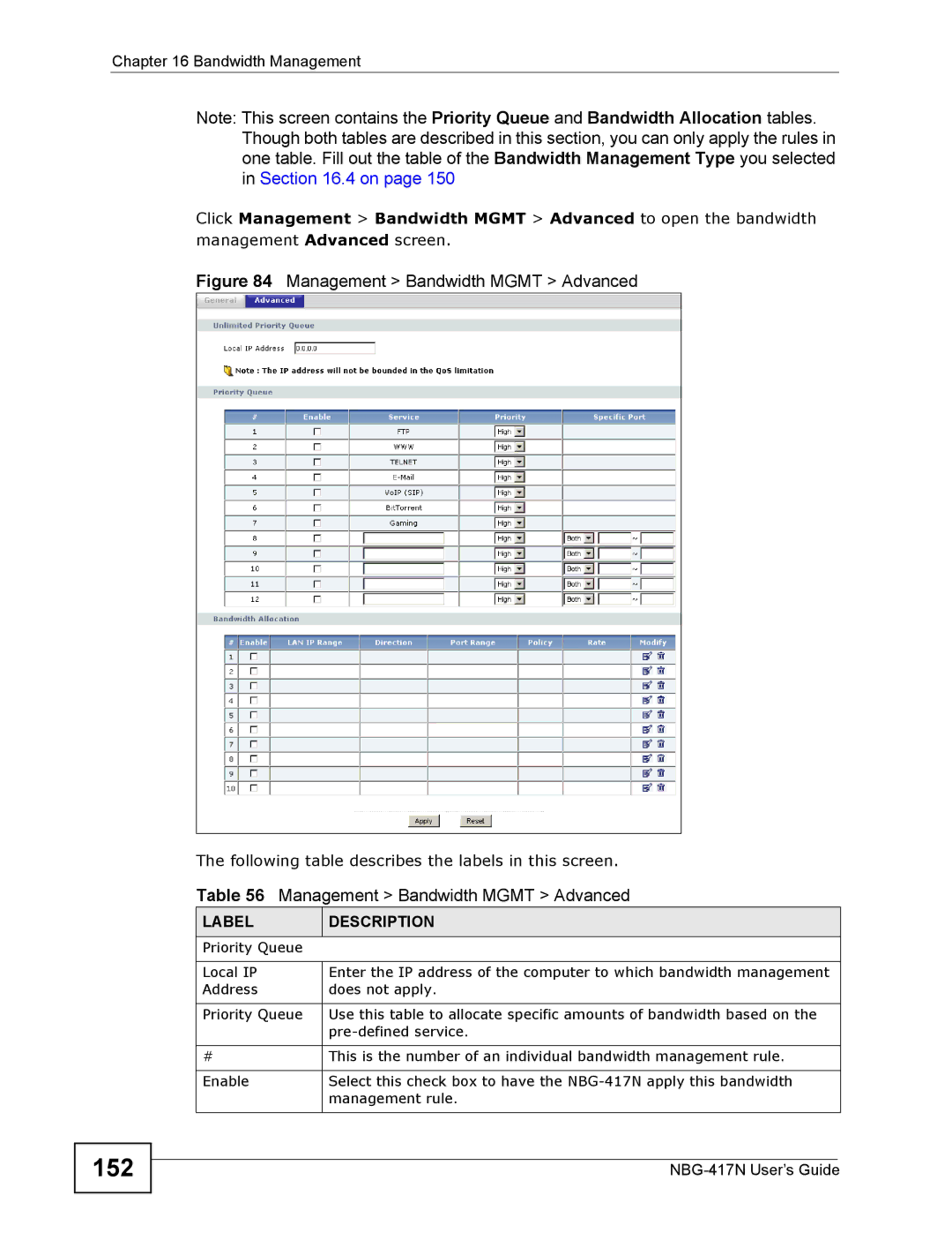 ZyXEL Communications NBG-417N manual 152, Management Bandwidth Mgmt Advanced 