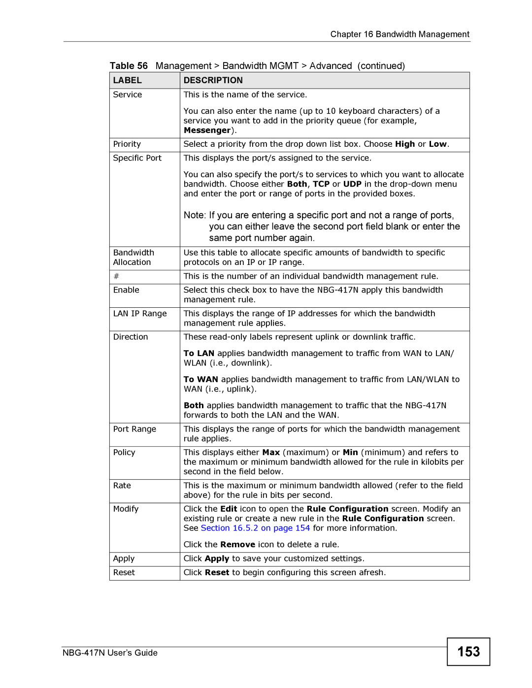 ZyXEL Communications NBG-417N manual 153, You can either leave the second port field blank or enter, Same port number again 