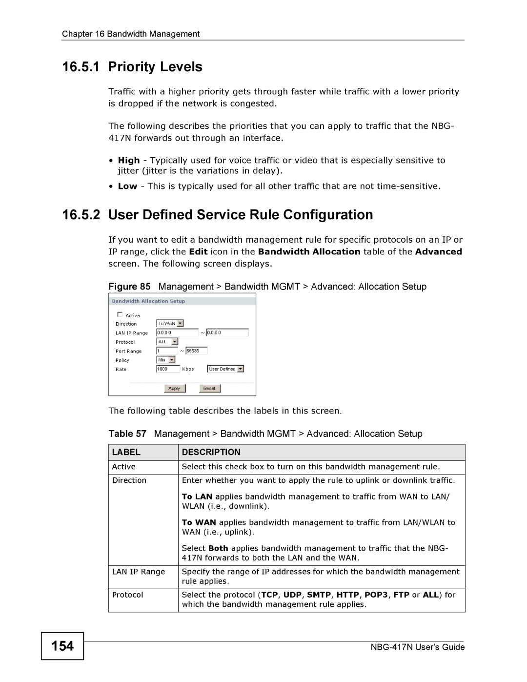 ZyXEL Communications NBG-417N manual Priority Levels, User Defined Service Rule Configuration, 154 