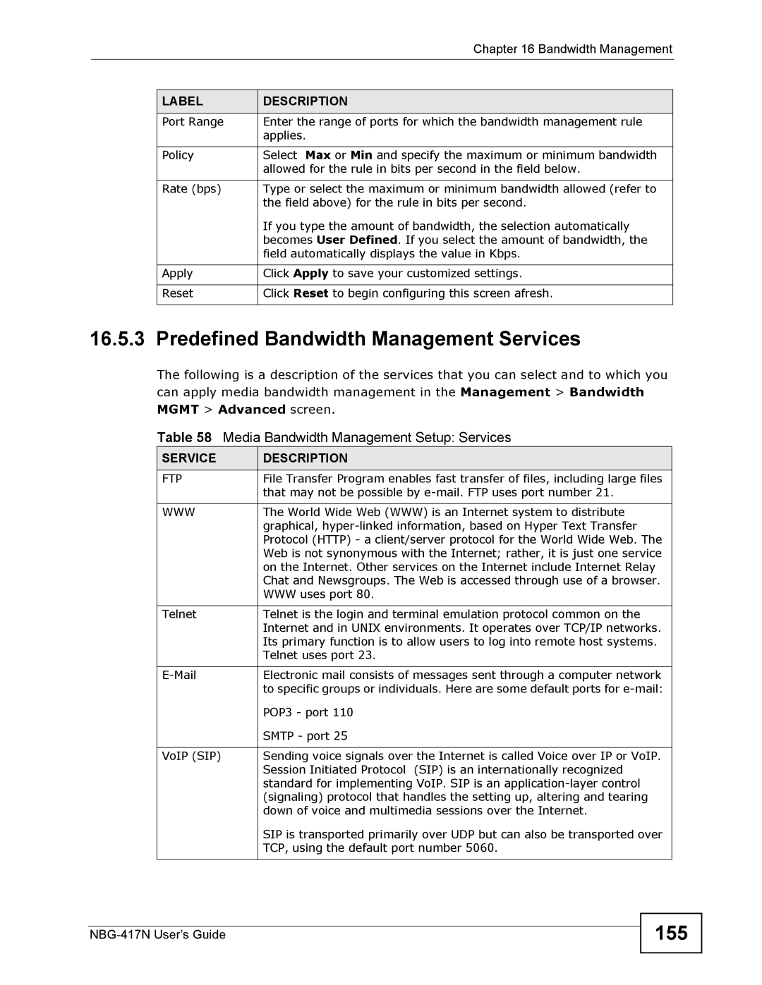 ZyXEL Communications NBG-417N Predefined Bandwidth Management Services, 155, Media Bandwidth Management Setup Services 