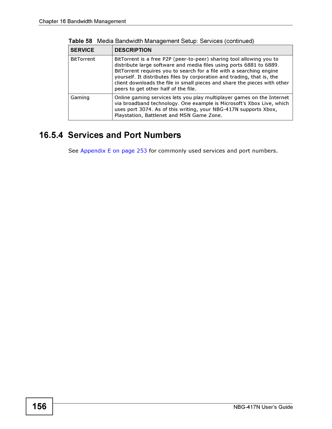 ZyXEL Communications NBG-417N manual Services and Port Numbers, 156 