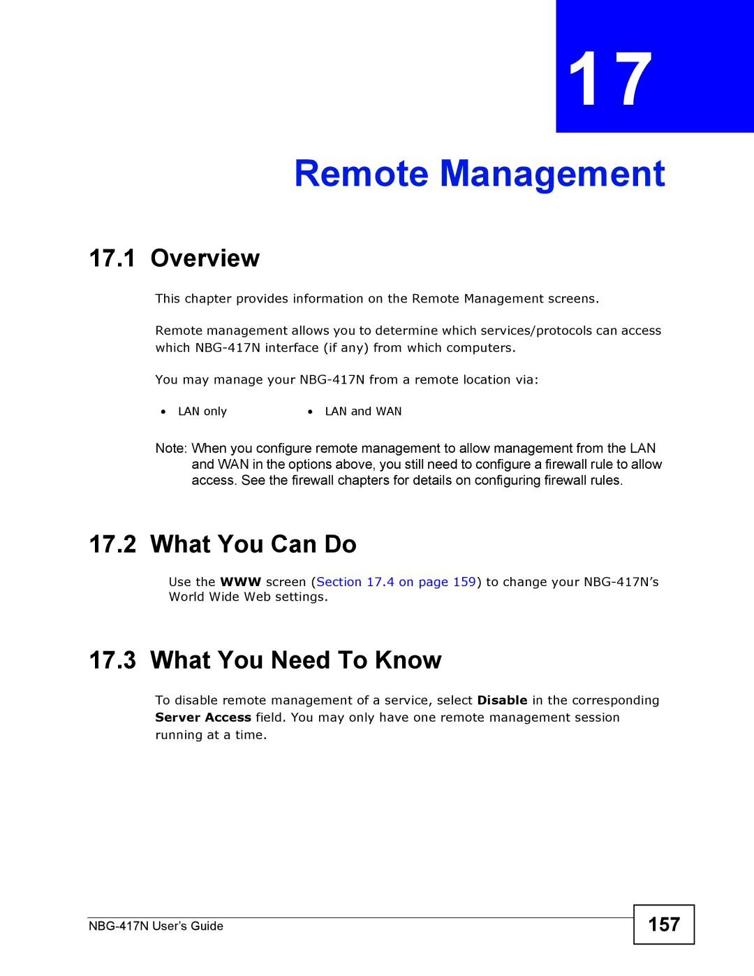 ZyXEL Communications NBG-417N manual Remote Management, 157 