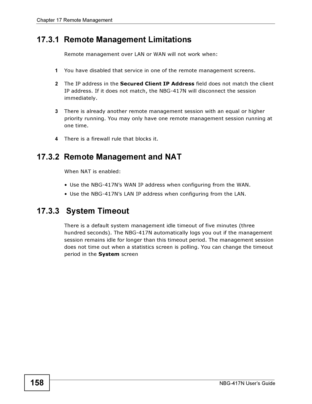 ZyXEL Communications NBG-417N manual Remote Management Limitations, Remote Management and NAT, System Timeout, 158 