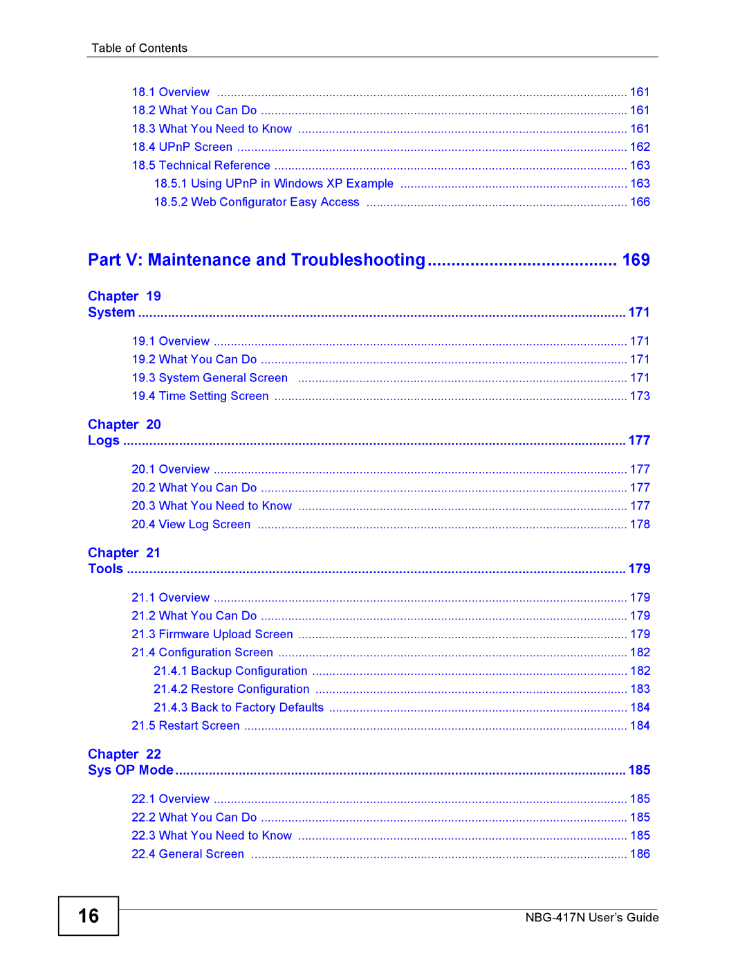 ZyXEL Communications NBG-417N manual Part V Maintenance and Troubleshooting 169 