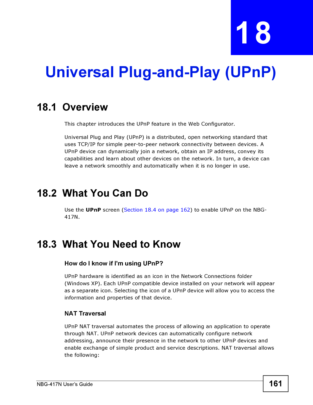 ZyXEL Communications NBG-417N manual Universal Plug-and-Play UPnP, 161, How do I know if Im using UPnP?, NAT Traversal 