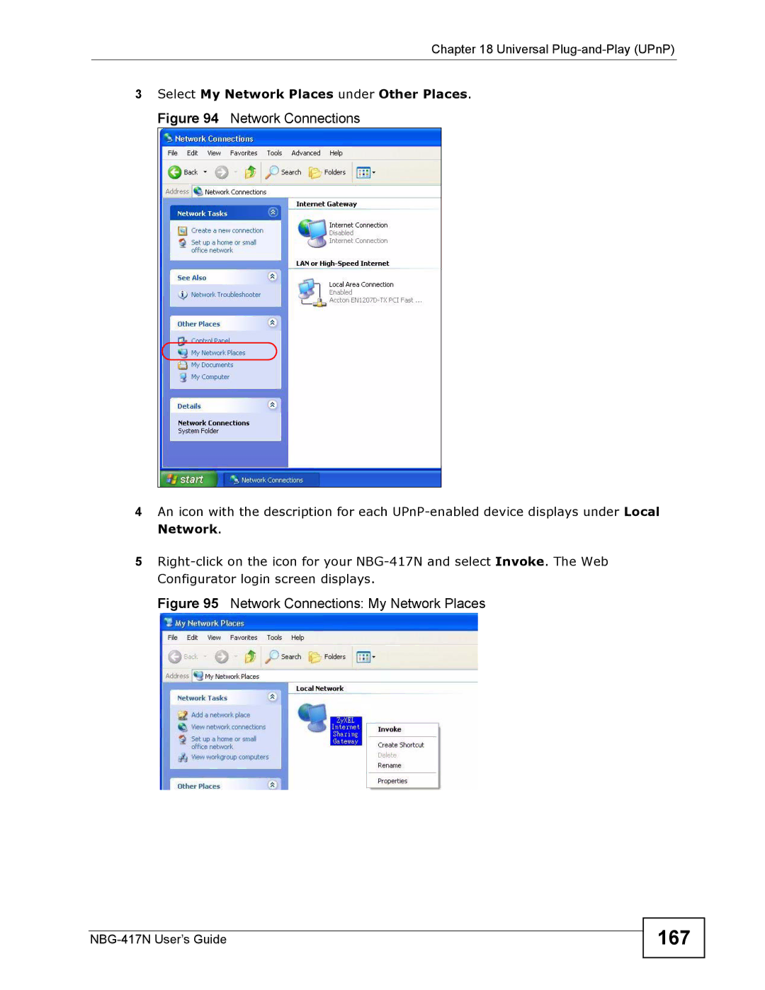 ZyXEL Communications NBG-417N manual 167, Network Connections My Network Places 