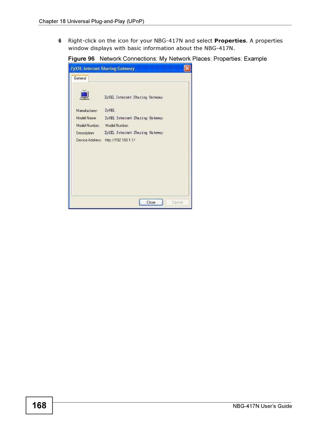 ZyXEL Communications NBG-417N manual 168, Network Connections My Network Places Properties Example 