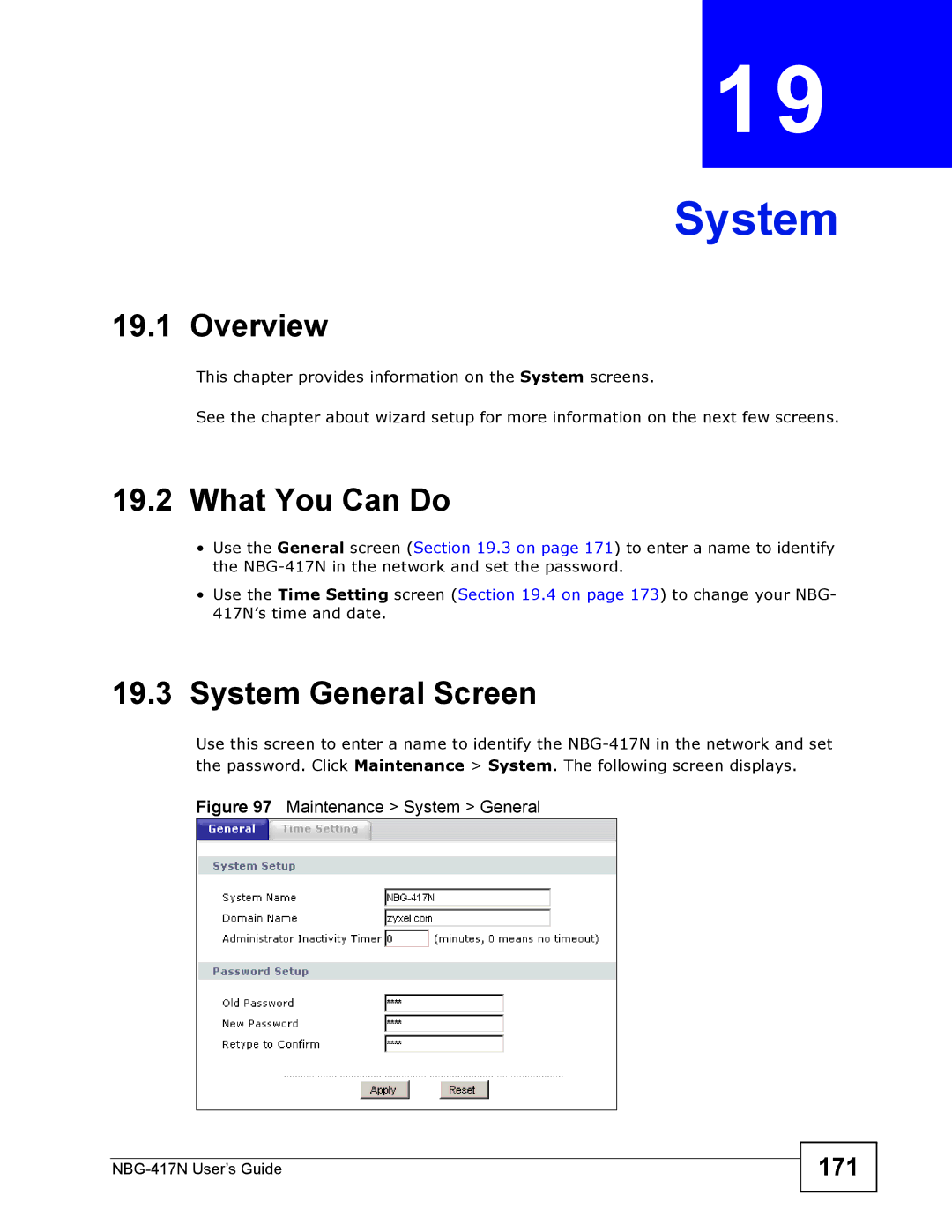 ZyXEL Communications NBG-417N manual System General Screen, 171 