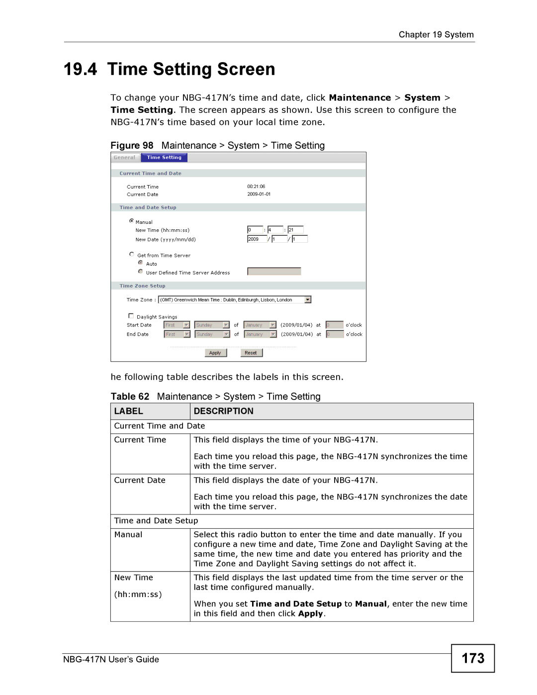 ZyXEL Communications NBG-417N manual Time Setting Screen, 173 