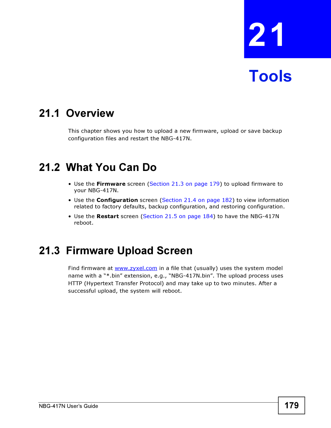 ZyXEL Communications NBG-417N manual Tools, Firmware Upload Screen, 179 