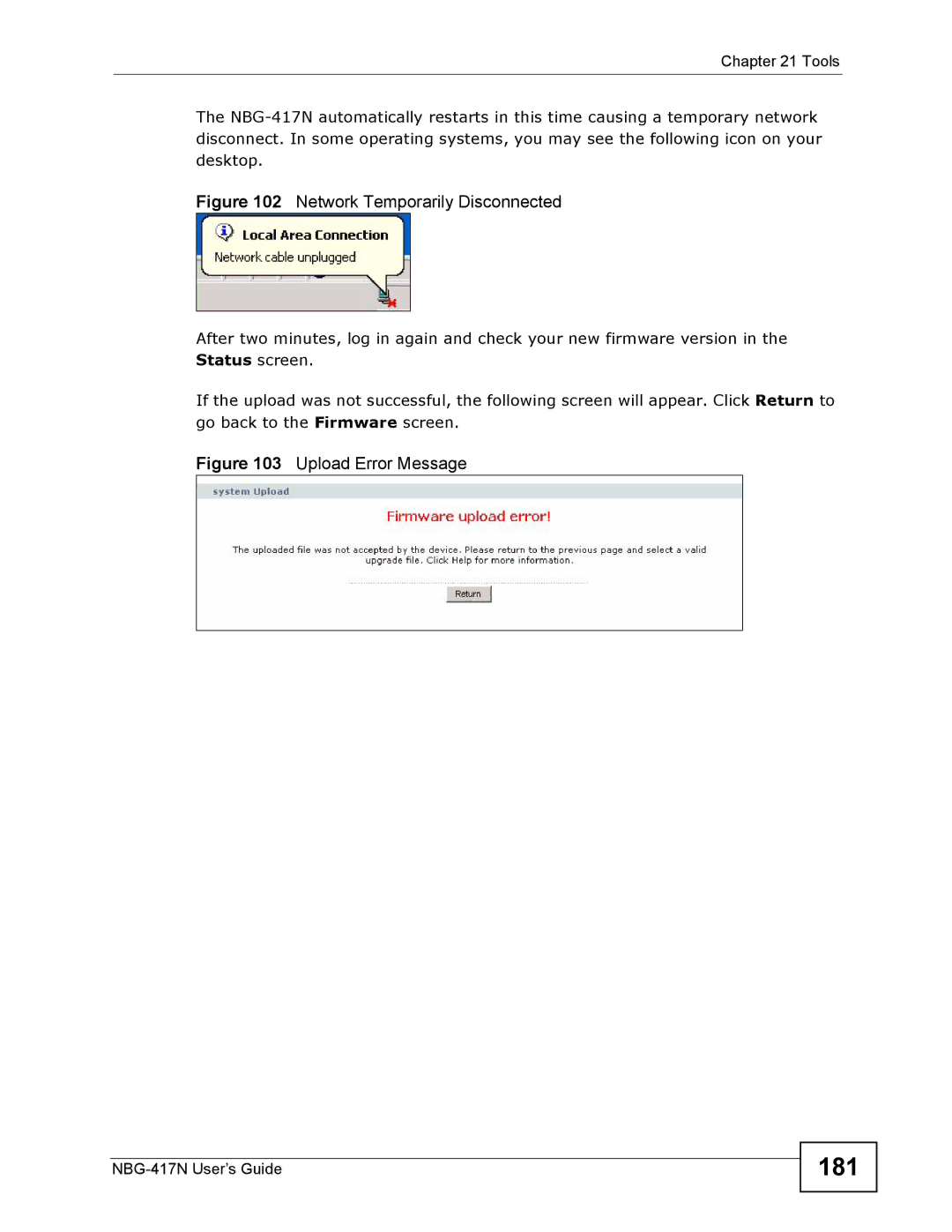 ZyXEL Communications NBG-417N manual Network Temporarily Disconnected, Upload Error Message 