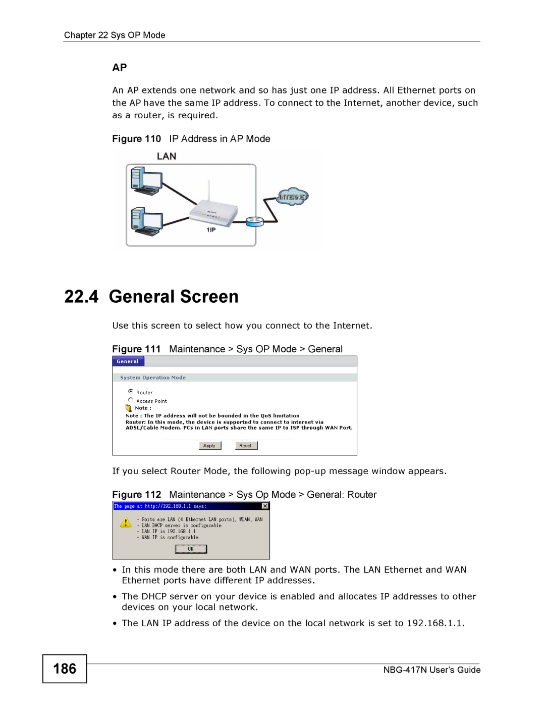 ZyXEL Communications NBG-417N manual 186, IP Address in AP Mode 