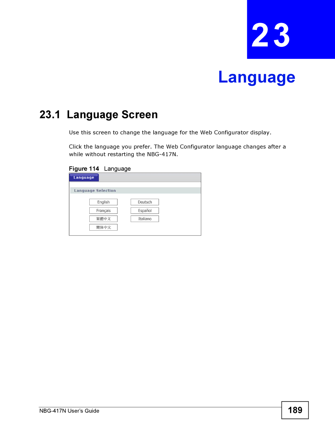 ZyXEL Communications NBG-417N manual Language Screen, 189 