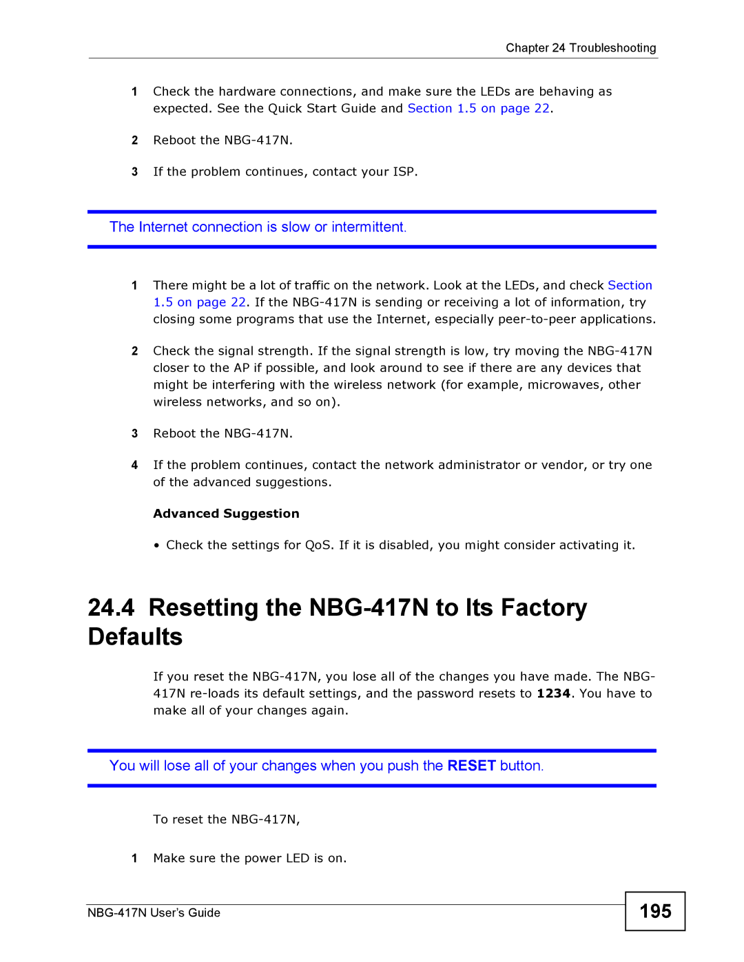 ZyXEL Communications manual Resetting the NBG-417N to Its Factory Defaults, 195 