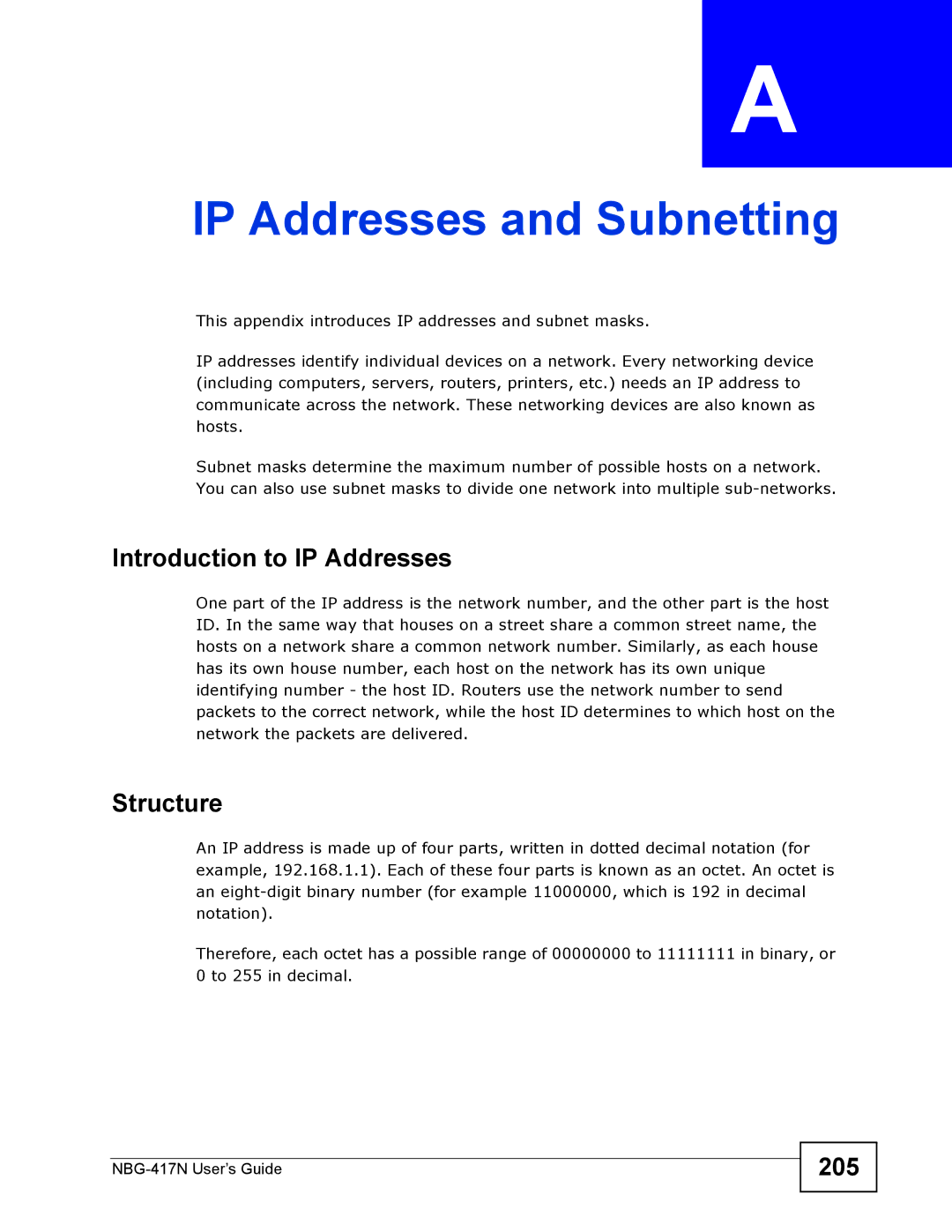 ZyXEL Communications NBG-417N manual Introduction to IP Addresses, Structure, 205 