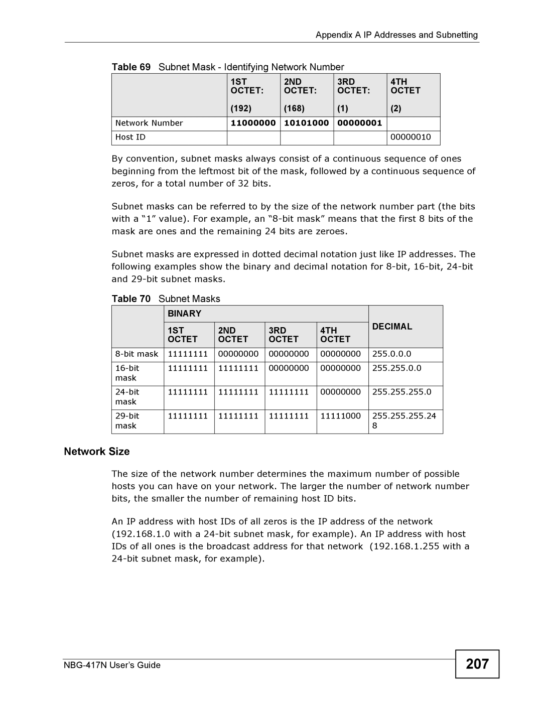 ZyXEL Communications NBG-417N manual 207, Network Size, Subnet Masks, Binary 1ST 2ND 3RD 4TH Decimal Octet 