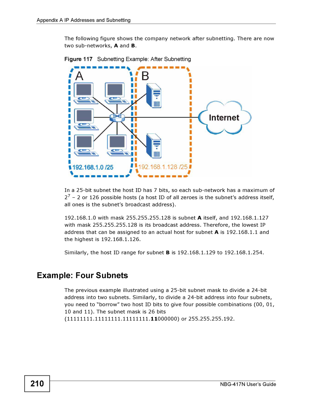 ZyXEL Communications NBG-417N manual Example Four Subnets, 210 