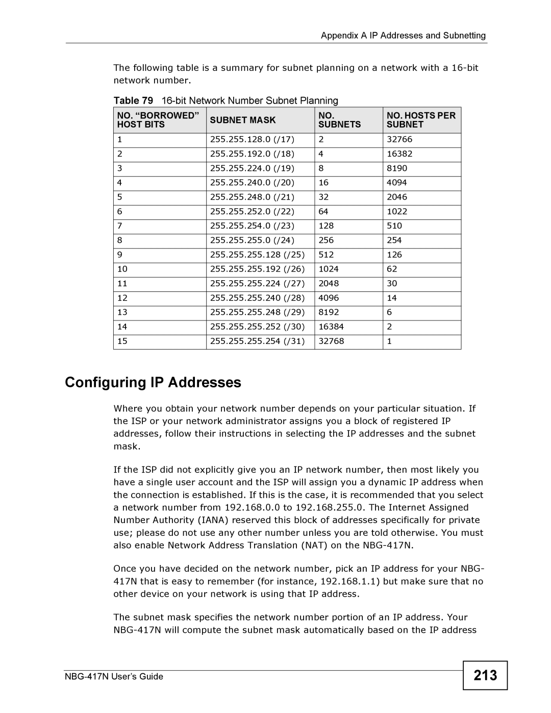 ZyXEL Communications NBG-417N manual Configuring IP Addresses, 213, bit Network Number Subnet Planning 