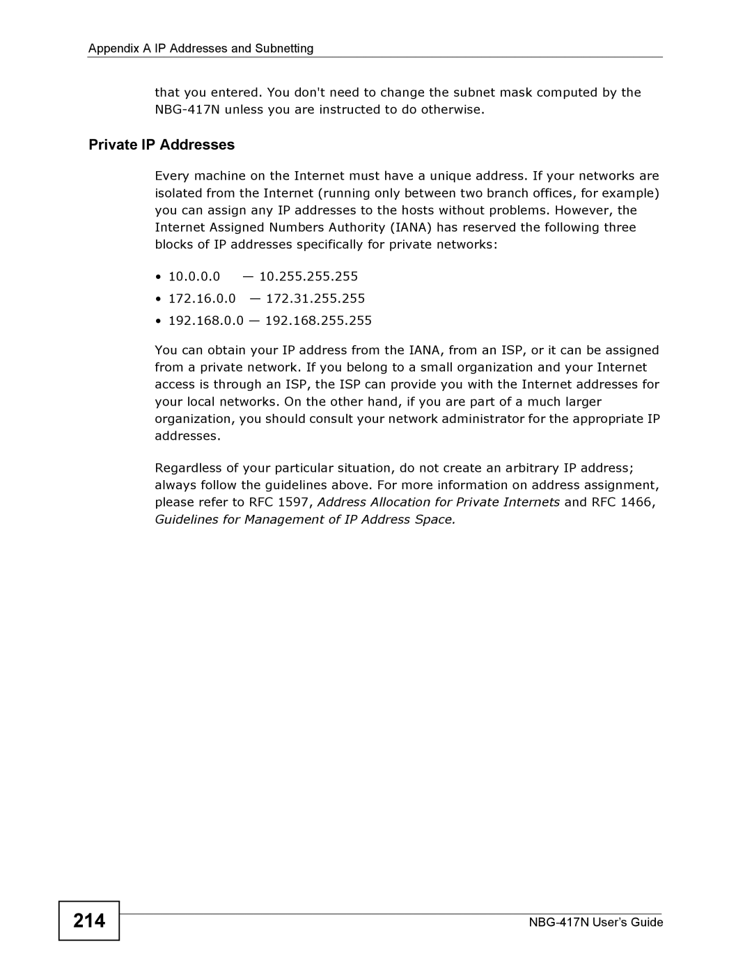 ZyXEL Communications NBG-417N manual 214, Private IP Addresses 