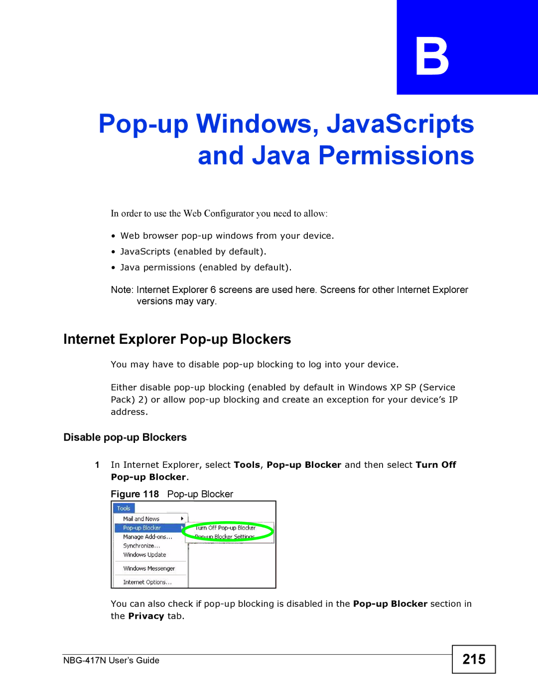 ZyXEL Communications NBG-417N manual Internet Explorer Pop-up Blockers, 215, Disable pop-up Blockers 