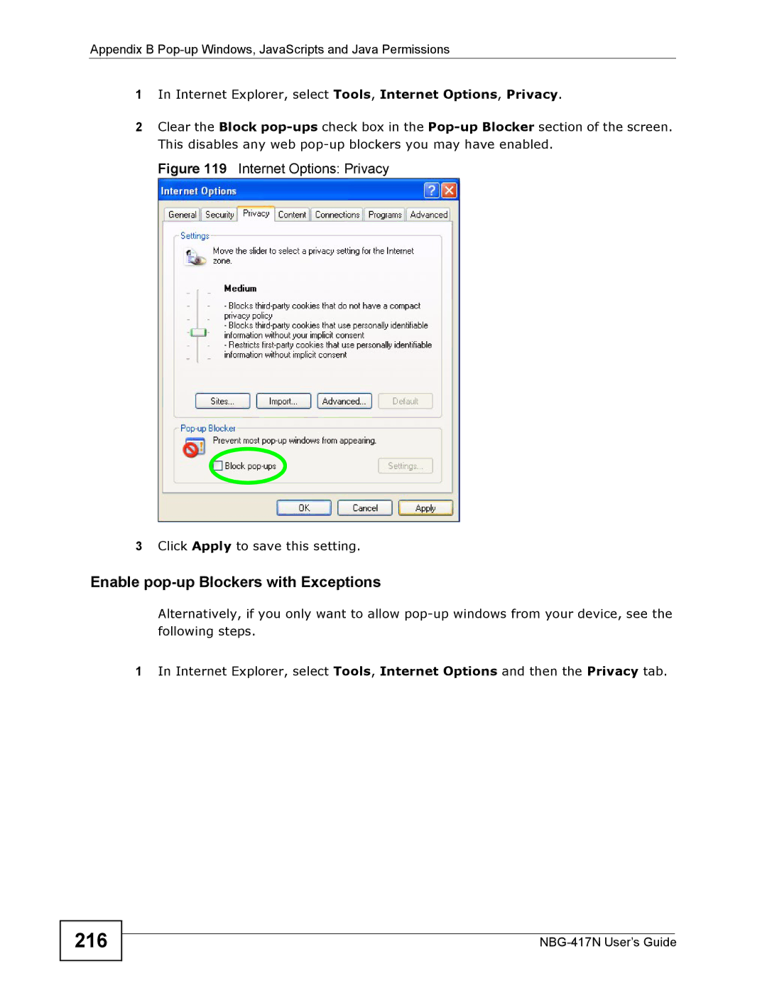 ZyXEL Communications NBG-417N manual 216, Enable pop-up Blockers with Exceptions 