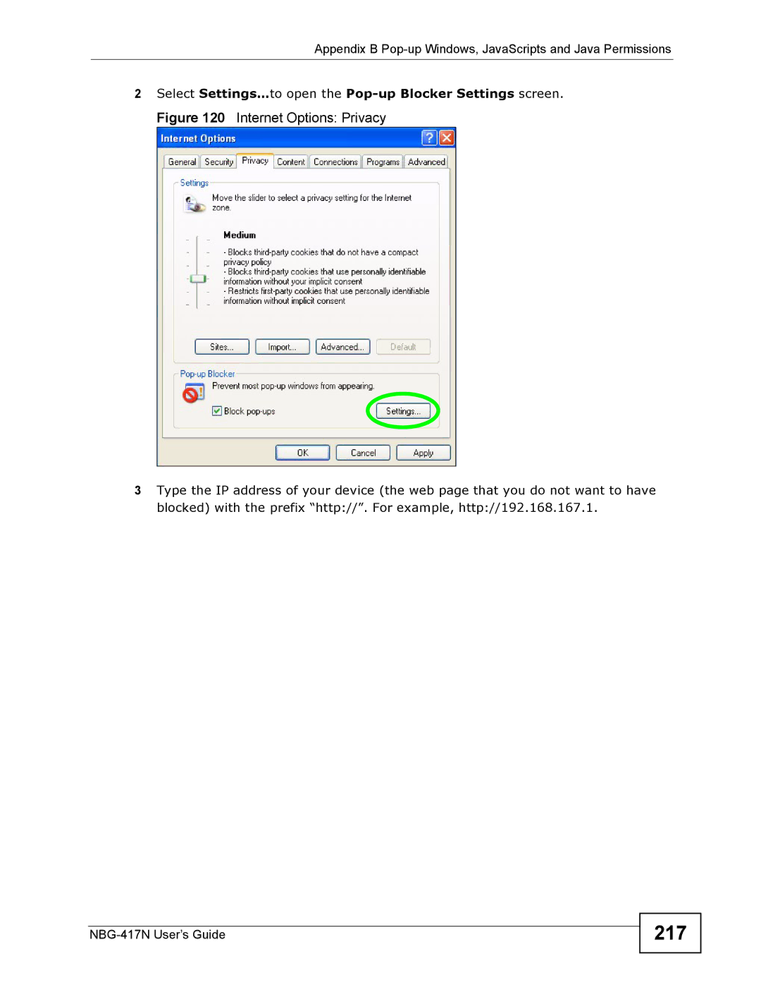 ZyXEL Communications NBG-417N manual 217, Select Settings…to open the Pop-up Blocker Settings screen 