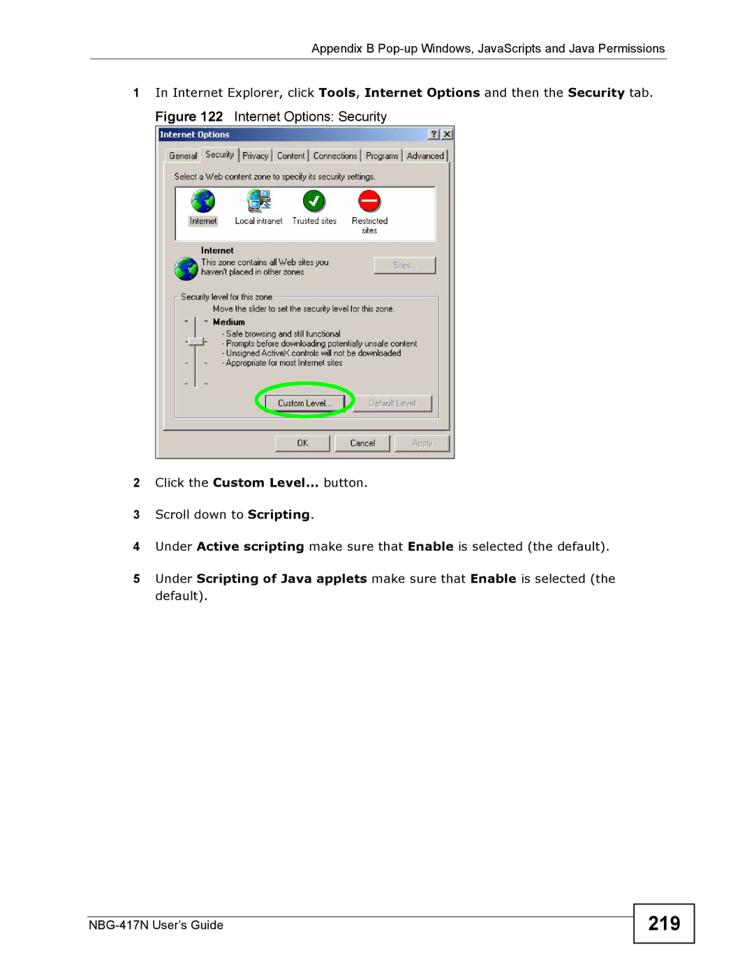 ZyXEL Communications NBG-417N manual 219, Internet Options Security 