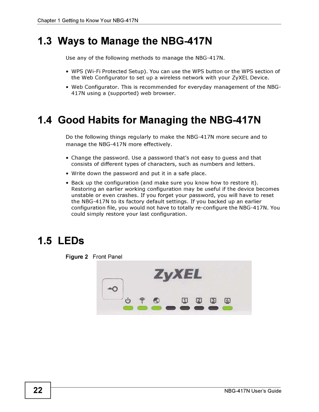 ZyXEL Communications manual Ways to Manage the NBG-417N, Good Habits for Managing the NBG-417N, LEDs 