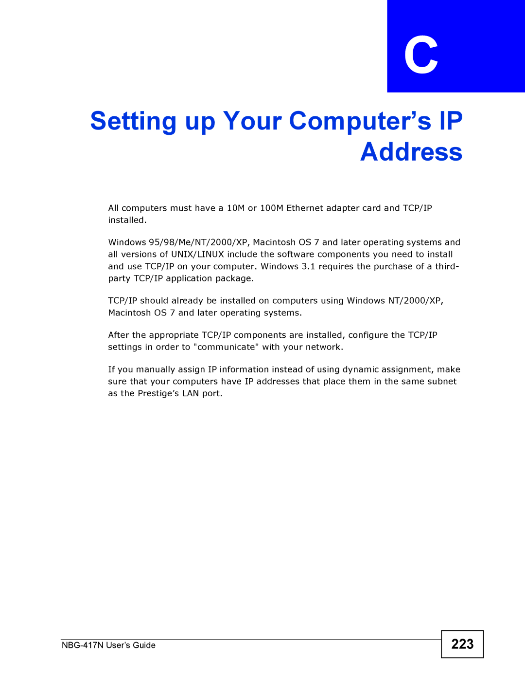 ZyXEL Communications NBG-417N manual Setting up Your Computer’s IP Address, 223 