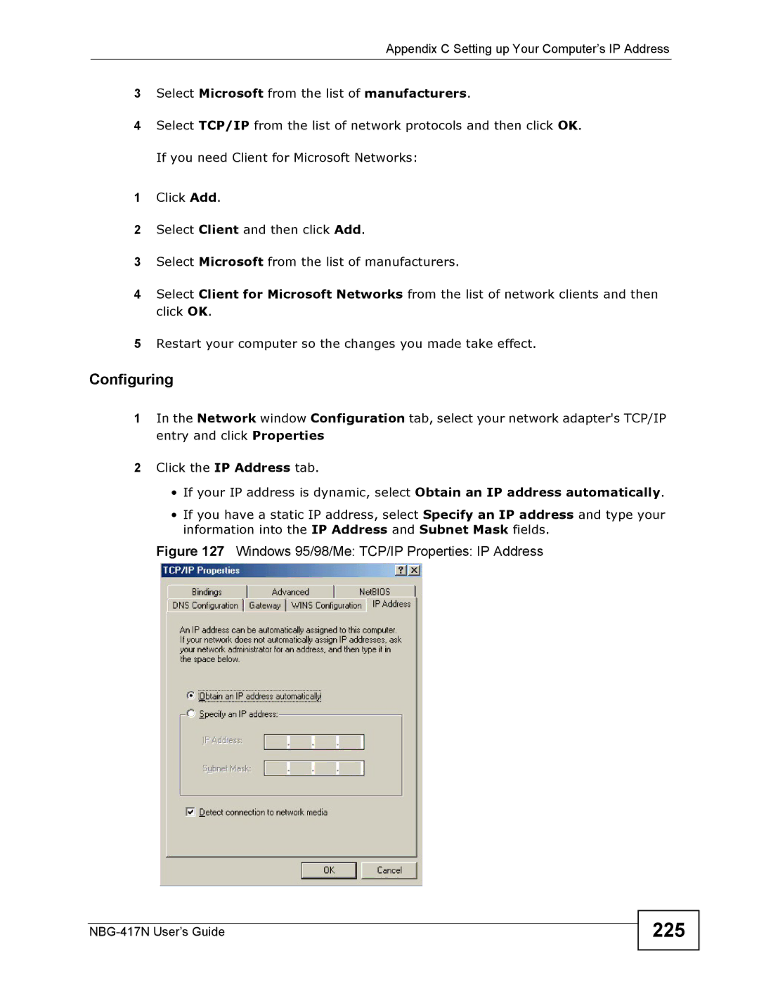 ZyXEL Communications NBG-417N manual 225, Configuring 