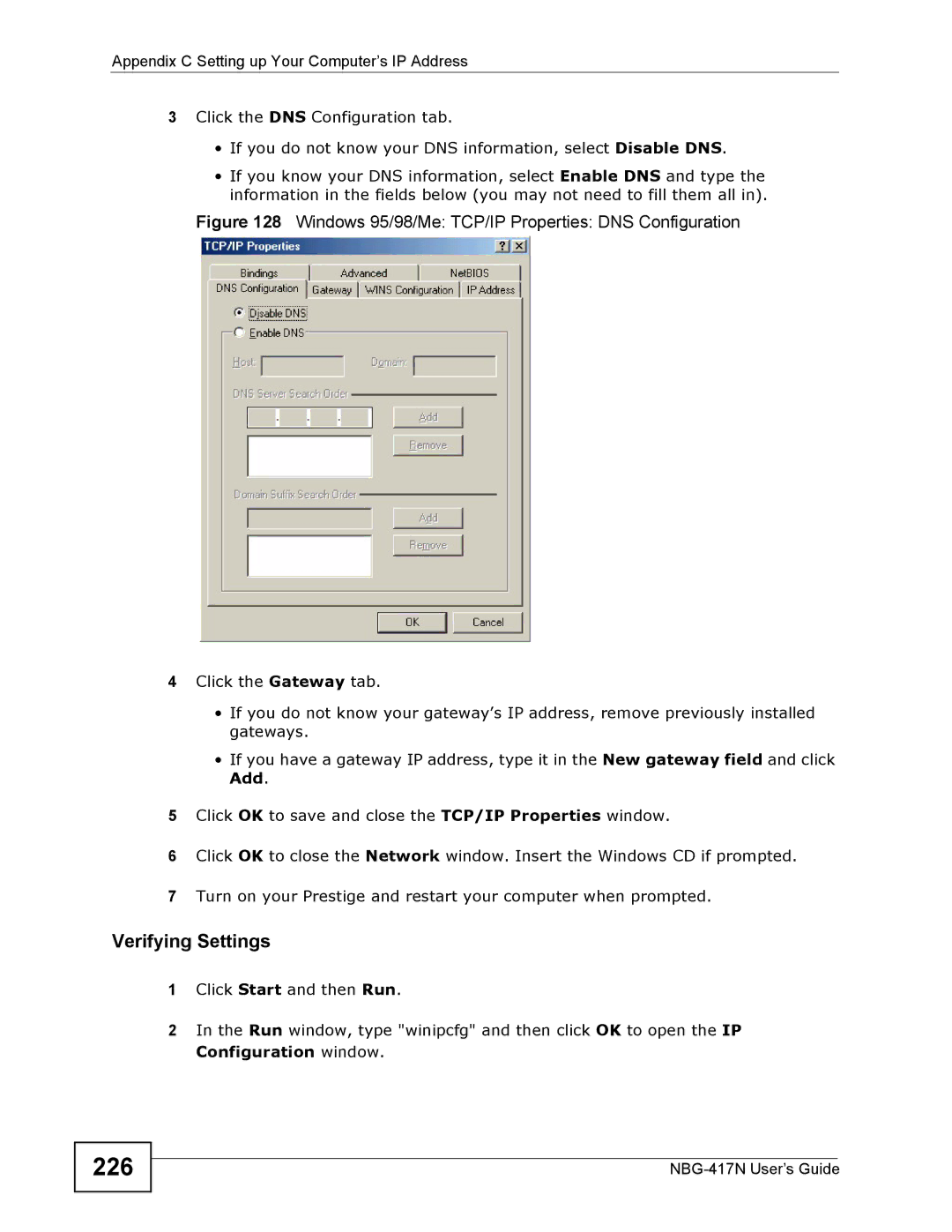 ZyXEL Communications NBG-417N manual 226, Verifying Settings 