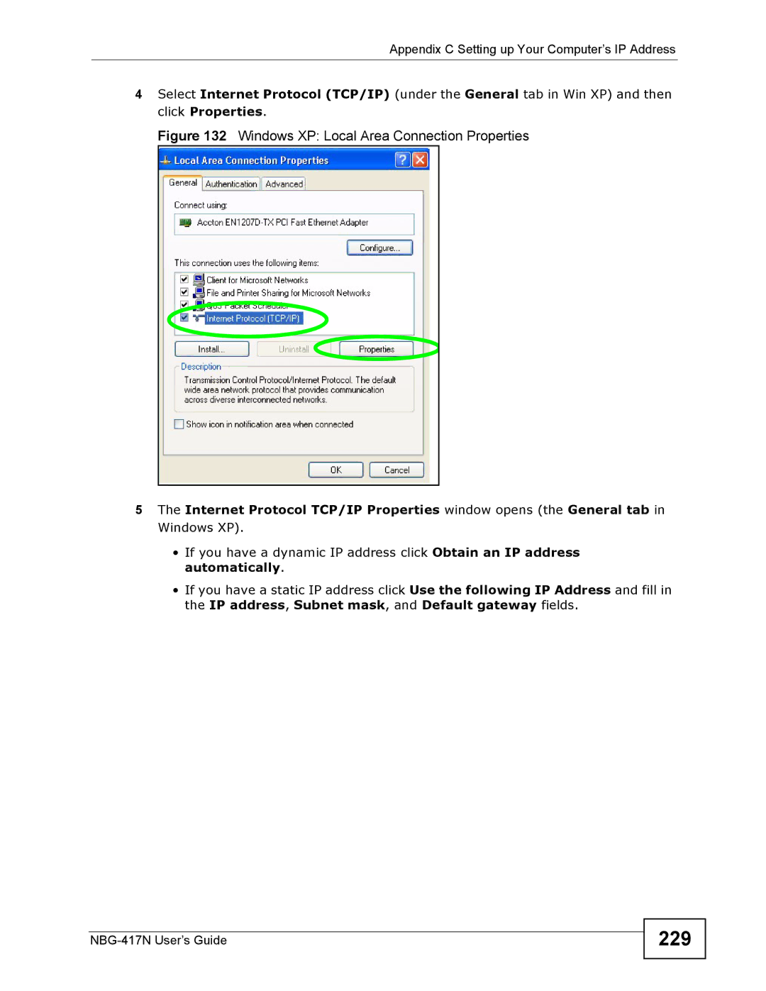 ZyXEL Communications NBG-417N manual 229, Windows XP Local Area Connection Properties 