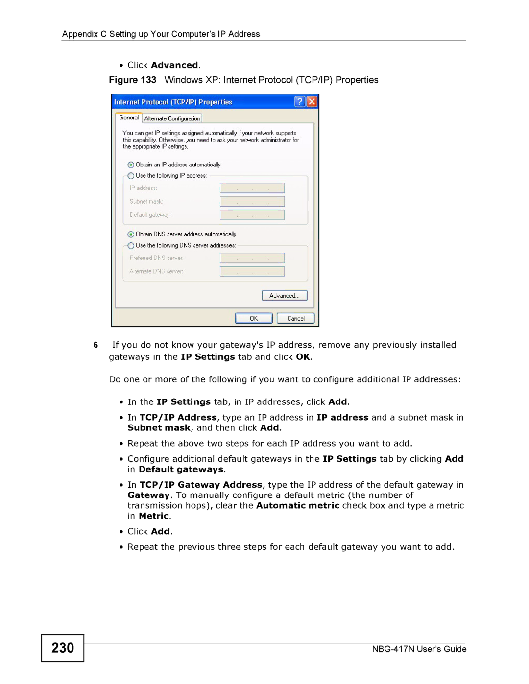 ZyXEL Communications NBG-417N manual 230, Windows XP Internet Protocol TCP/IP Properties 