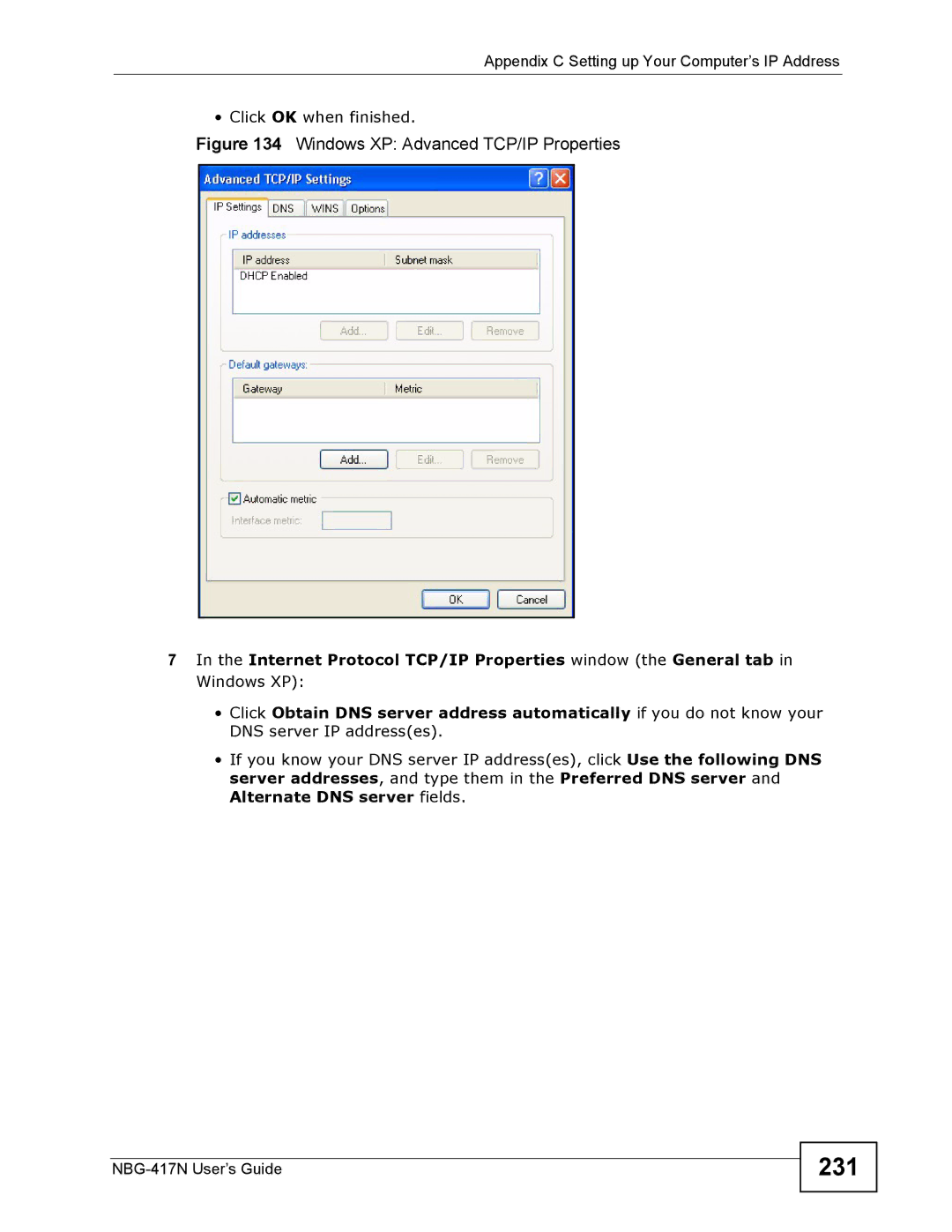 ZyXEL Communications NBG-417N manual 231, Windows XP Advanced TCP/IP Properties 