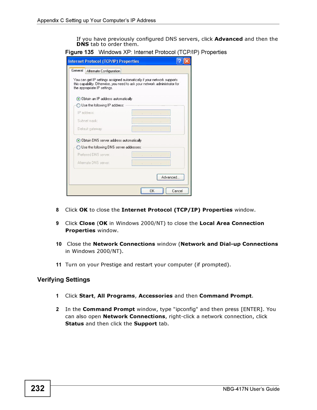 ZyXEL Communications NBG-417N manual 232, Verifying Settings 