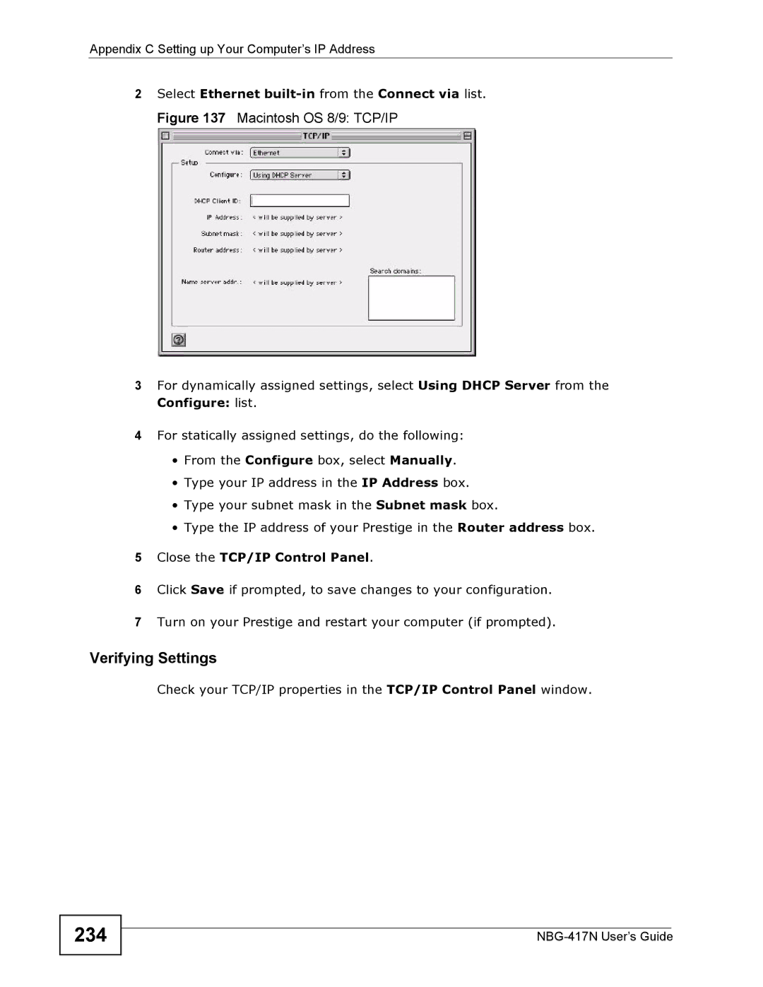 ZyXEL Communications NBG-417N manual 234, Macintosh OS 8/9 TCP/IP 