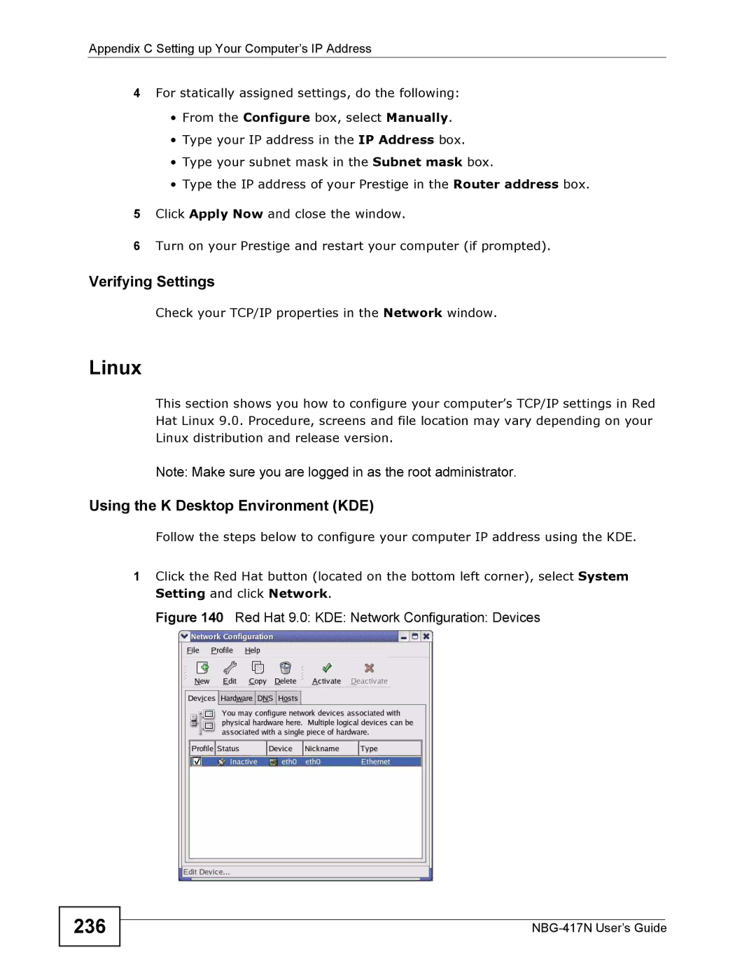 ZyXEL Communications NBG-417N manual Linux, 236, Using the K Desktop Environment KDE 