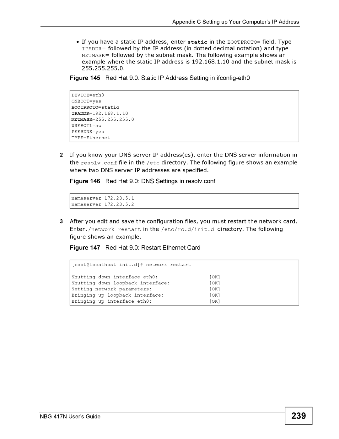 ZyXEL Communications NBG-417N manual Red Hat 9.0 Static IP Address Setting in ifconfig-eth0 