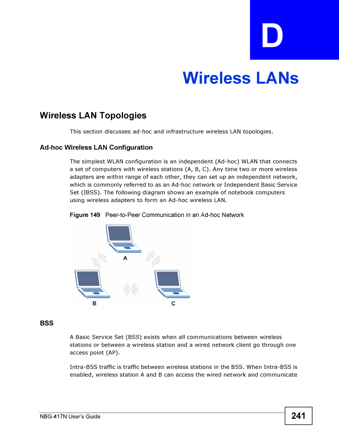 ZyXEL Communications NBG-417N manual Wireless LAN Topologies, 241, Ad-hoc Wireless LAN Configuration 