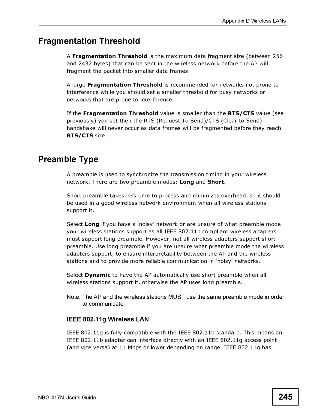 ZyXEL Communications NBG-417N manual Fragmentation Threshold, Preamble Type, 245, Ieee 802.11g Wireless LAN 