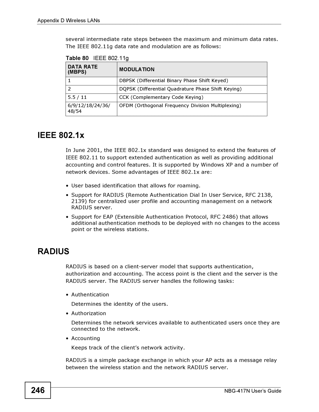 ZyXEL Communications NBG-417N manual 246, Ieee 802.11g, Data Rate Modulation Mbps 