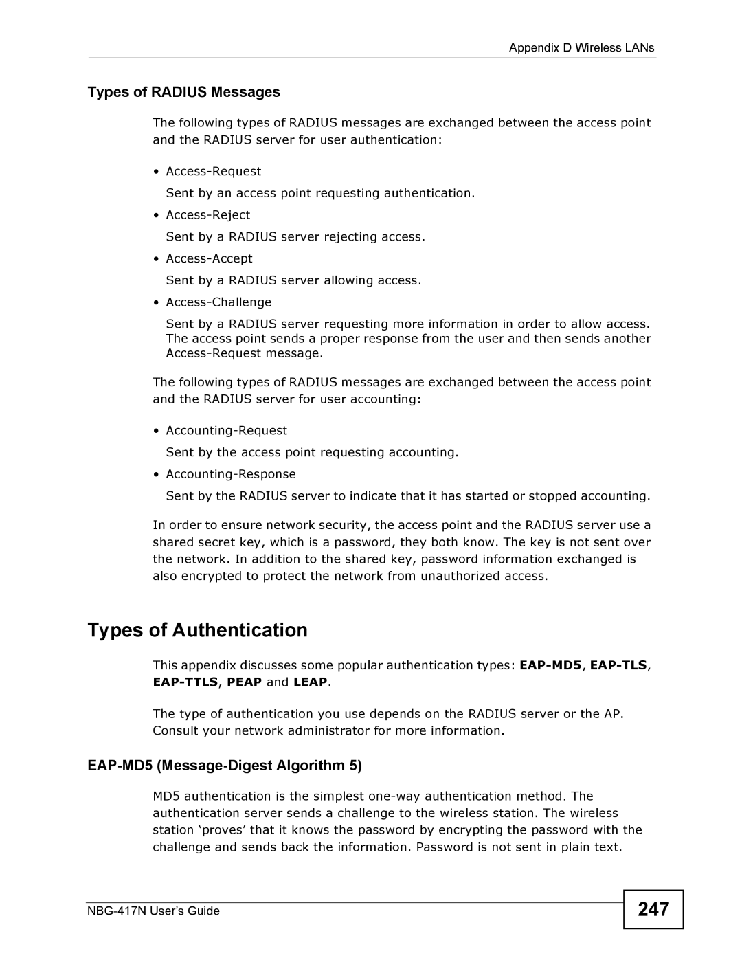 ZyXEL Communications NBG-417N Types of Authentication, 247, Types of Radius Messages, EAP-MD5 Message-Digest Algorithm 